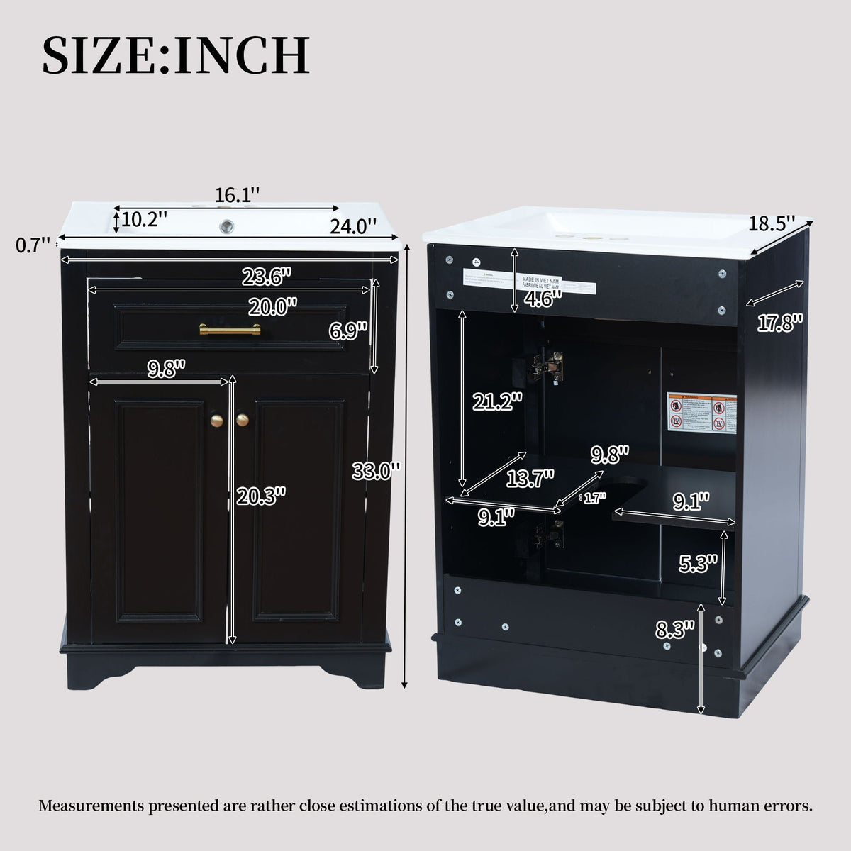 Bathroom Vanity With Integrated Sink, 2 Door Cabinet With Tip Out Drawer, Rectangular Design