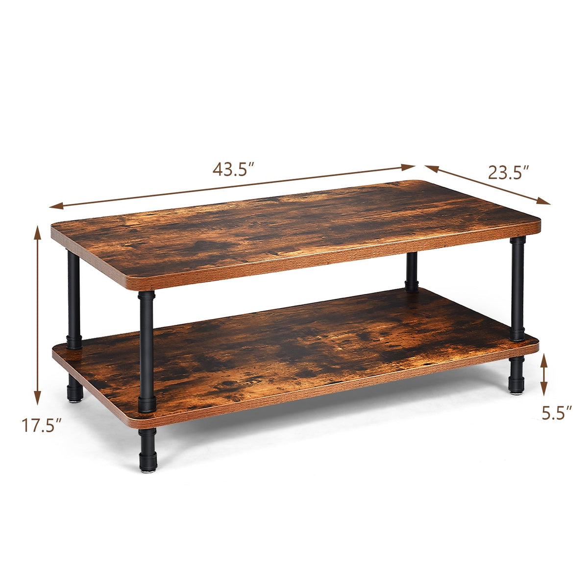 Industrial Vintage Coffee Table with 2-Tier Storage Shelf