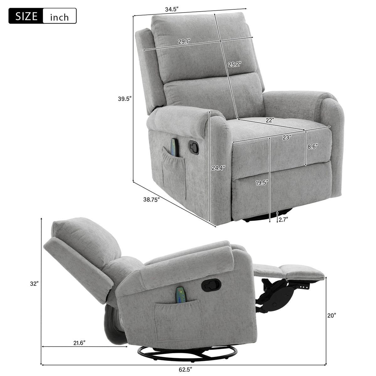 Manual Recliner Massage Chair With Swivel Rocker, 8 Massage Modes, Side Storage Pocket