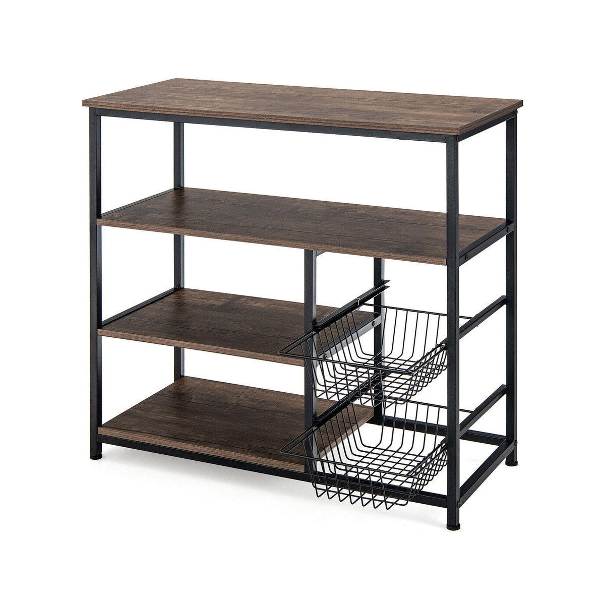 4-Tier Industrial Kitchen Baker's Rack with 2 Wire Baskets-Rustic Brown