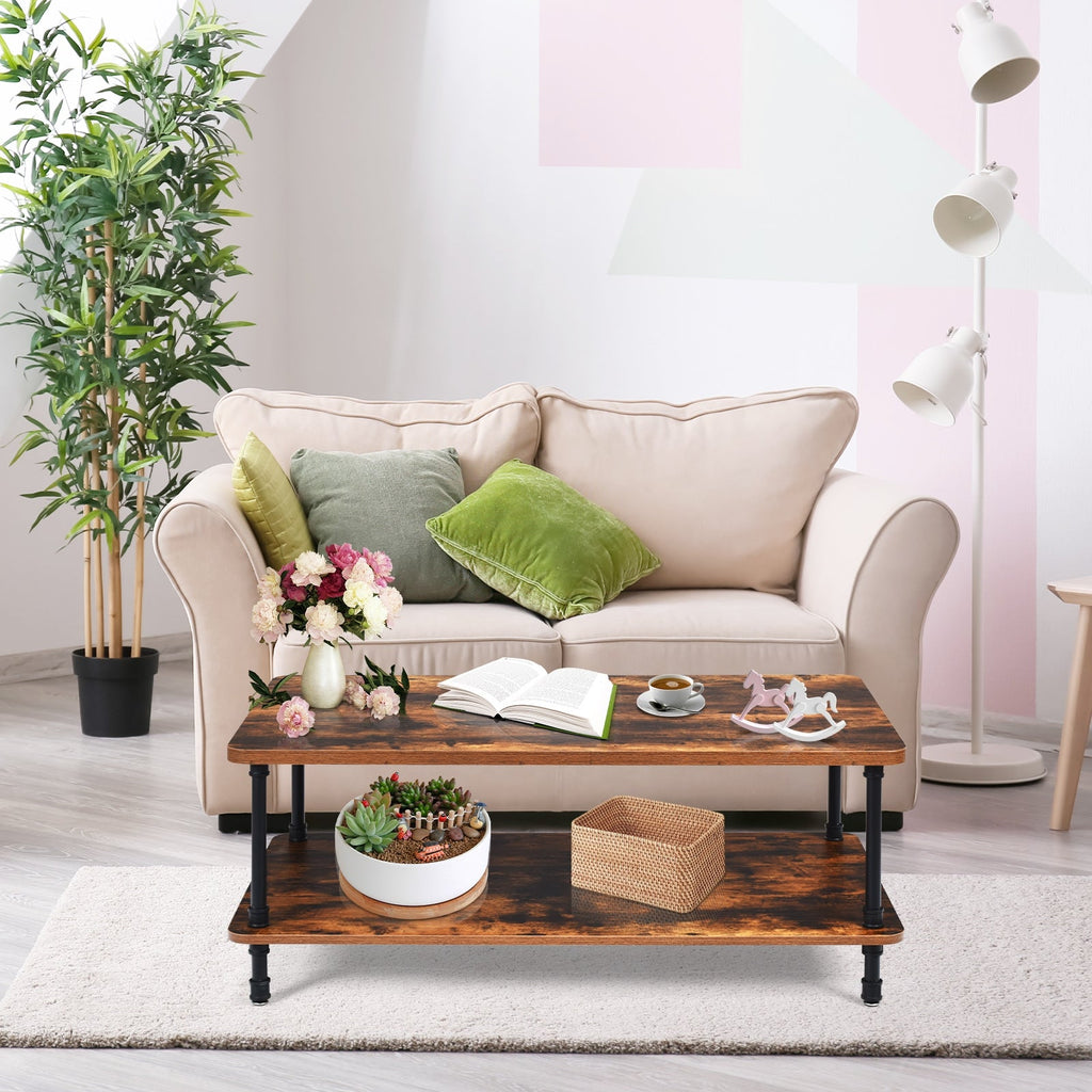 Industrial Vintage Coffee Table with 2-Tier Storage Shelf
