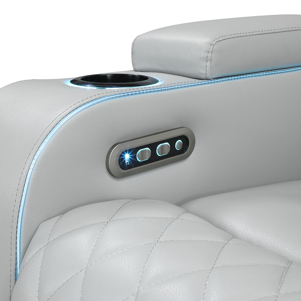Elonzo - Power Motion Recliner With LED, Power Headrest & Speaker - Light Gray