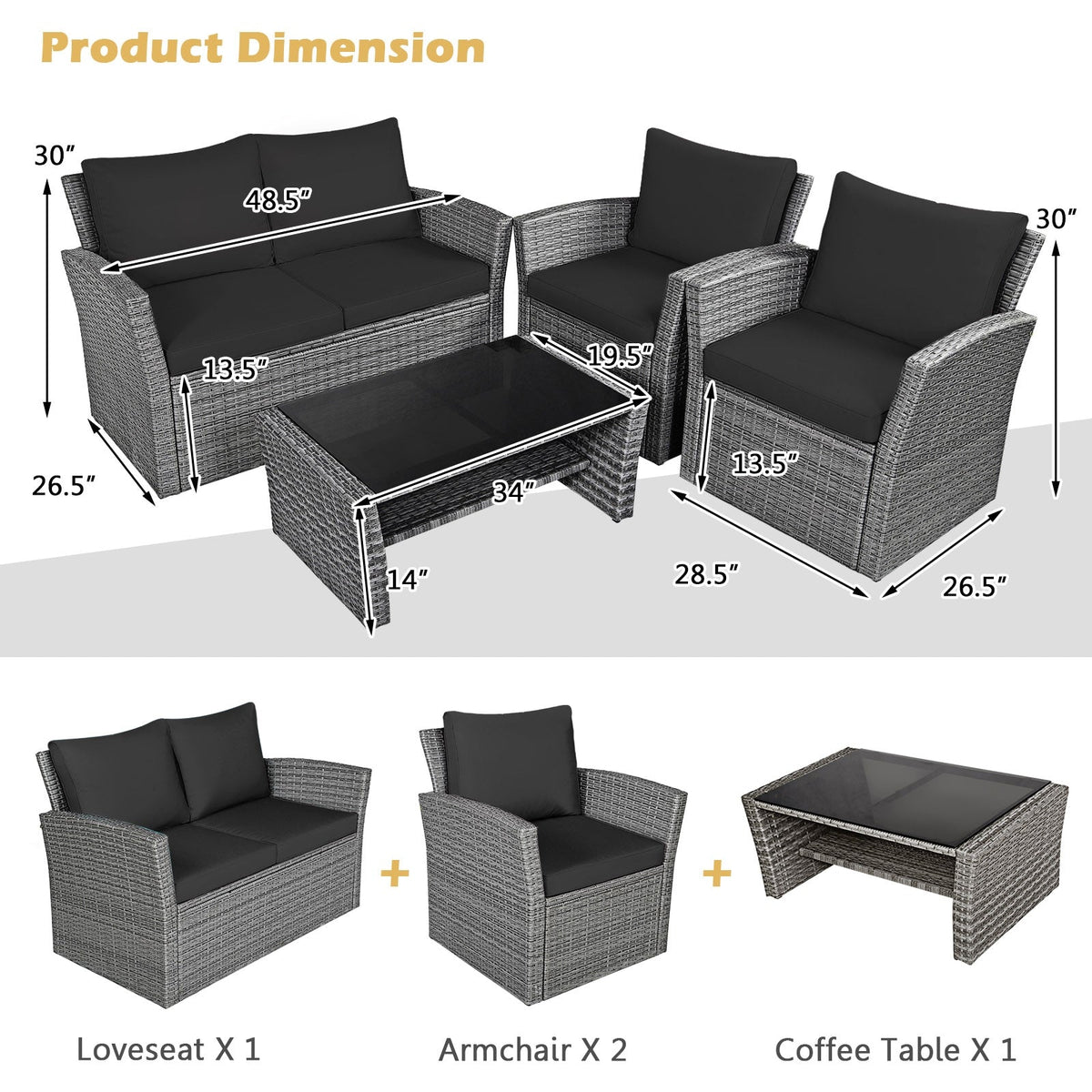4 Pieces Patio Rattan Furniture Set Sofa Table with Storage Shelf Cushion