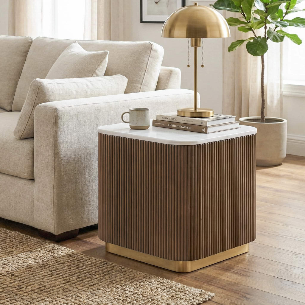 3 Piece Table Set, Square Cocktail Table & 2 Square End Tables - Brown / Gold / White