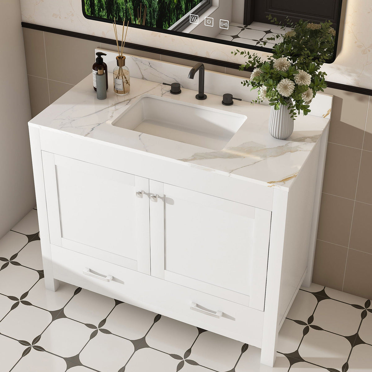 43" Bathroom Vanity, Multi Functional Cabinet With Doors And Drawer - White
