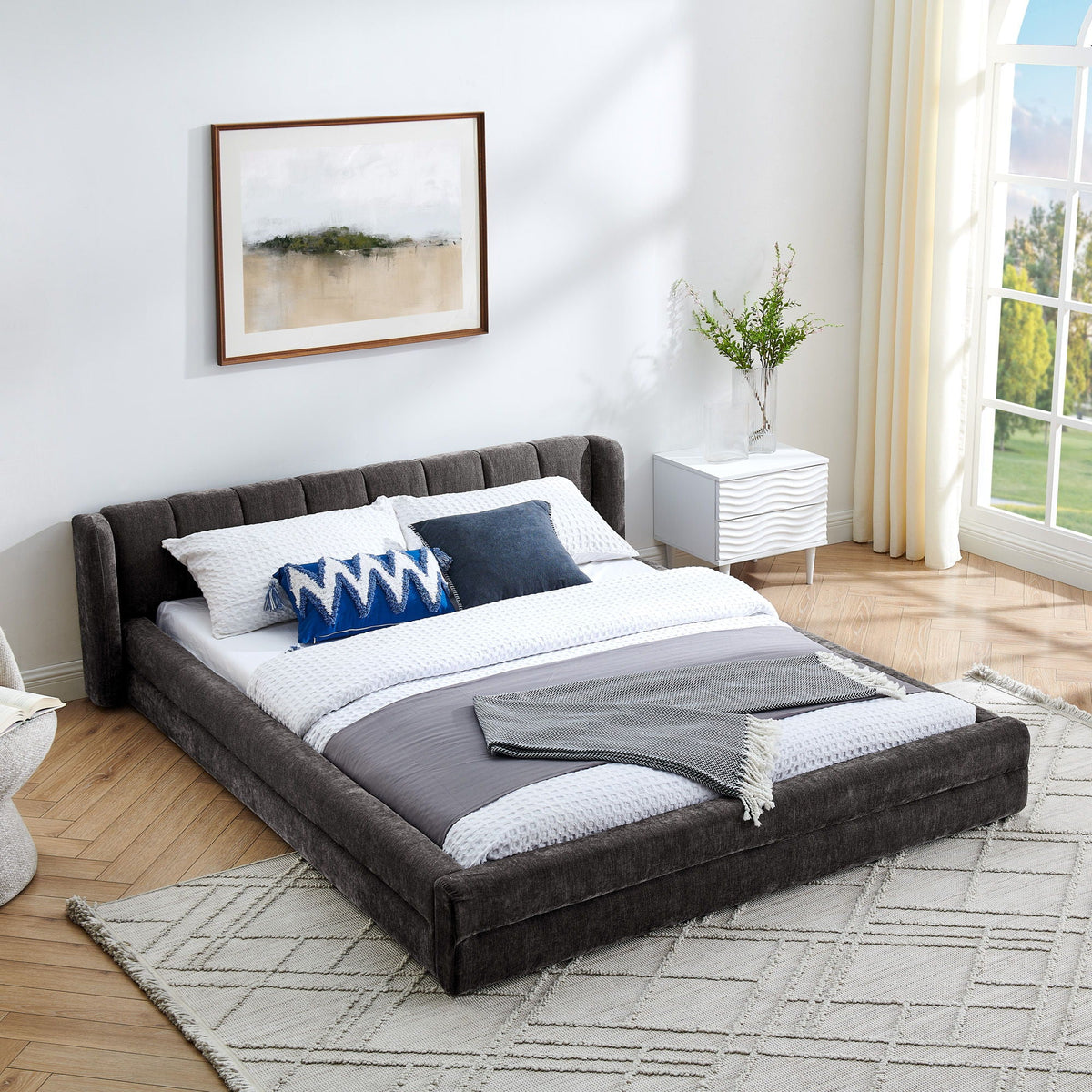 Modern Upholstered Bed Frame With Thick Fabric And Headboard