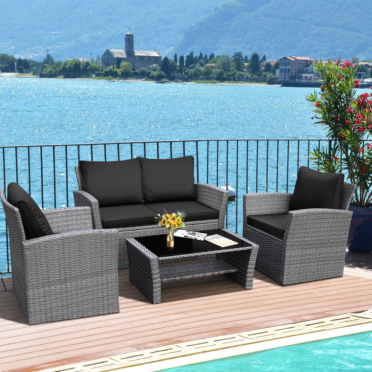 4 Pieces Patio Rattan Furniture Set Sofa Table with Storage Shelf Cushion