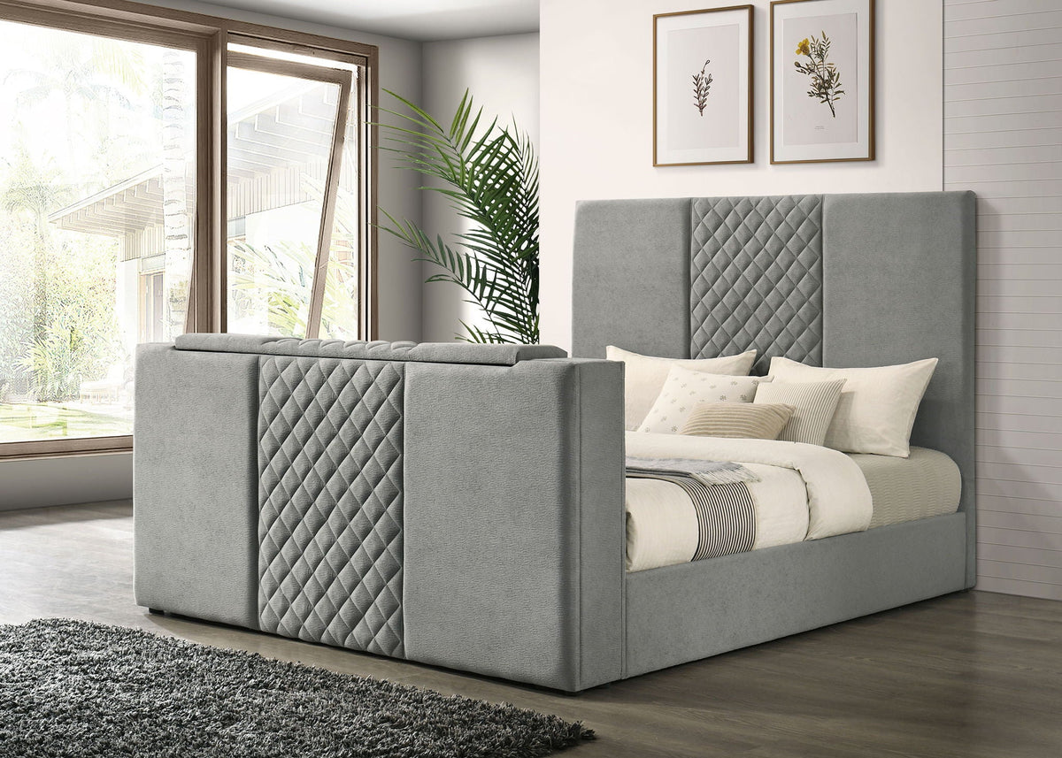 Tara 61-inch Upholstered Eastern King Panel TV Bed Grey
