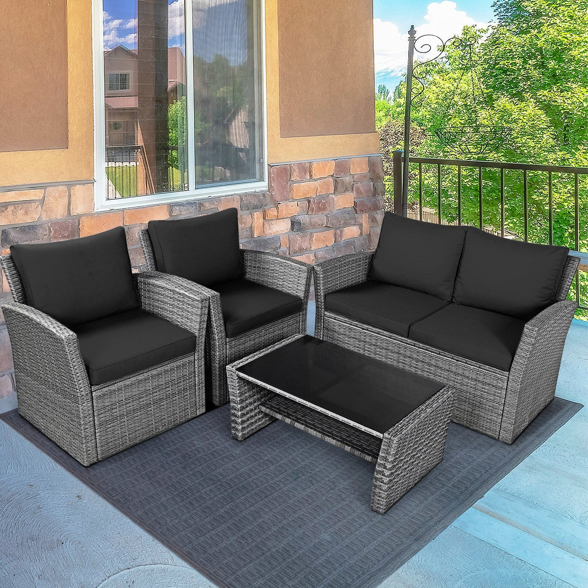 4 Pieces Patio Rattan Furniture Set Sofa Table with Storage Shelf Cushion