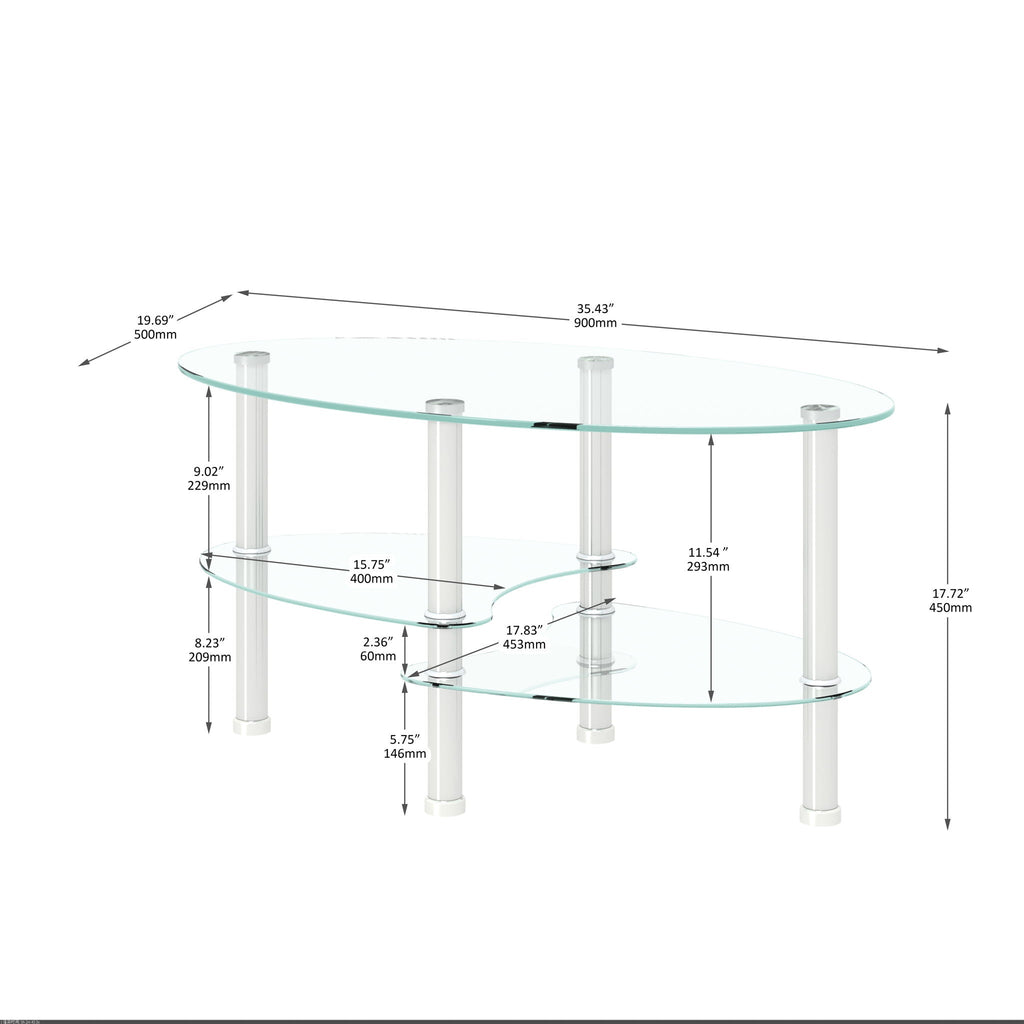 Transparent Oval Glass Coffee Table, Modern Table In Living Room Oak Wood Leg Tea Table 3-Layer Glass Table