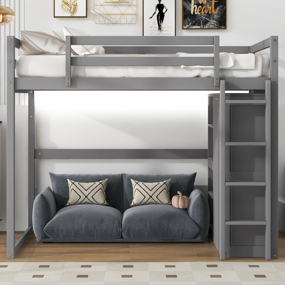 Loft Bed With Built In Wardrobe, Storage Shelves, And LED Light