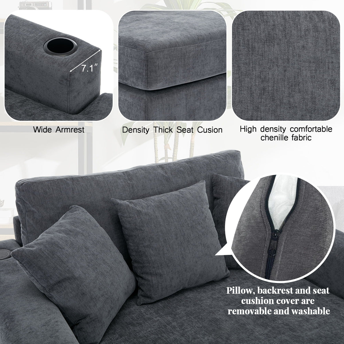 Oversized Chaise Lounger Modern Style Sofa Couch, With Pillows, Charge Station & Cup Holders