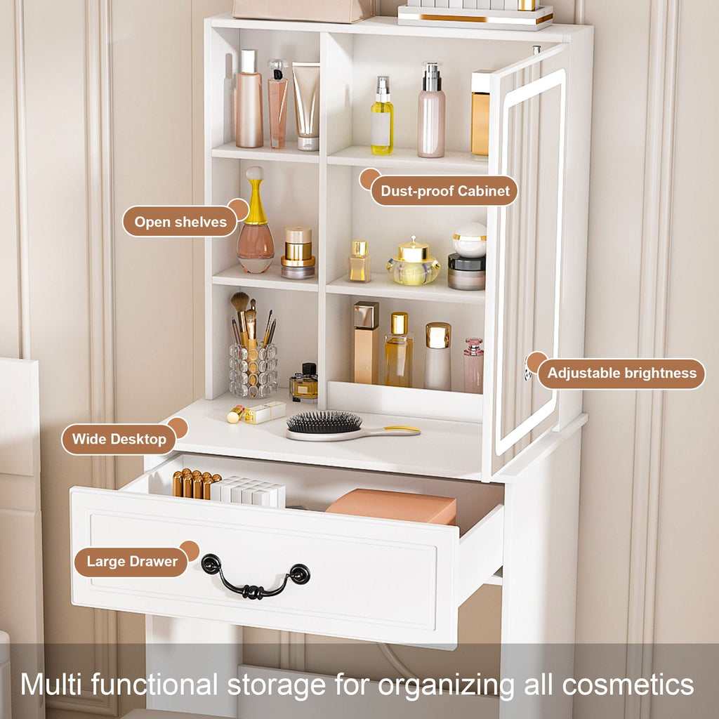 Modern Mini Dressing Table With Led-Lit Mirror & Hidden Storage, Adjustable Brightness Vanity Desk - White