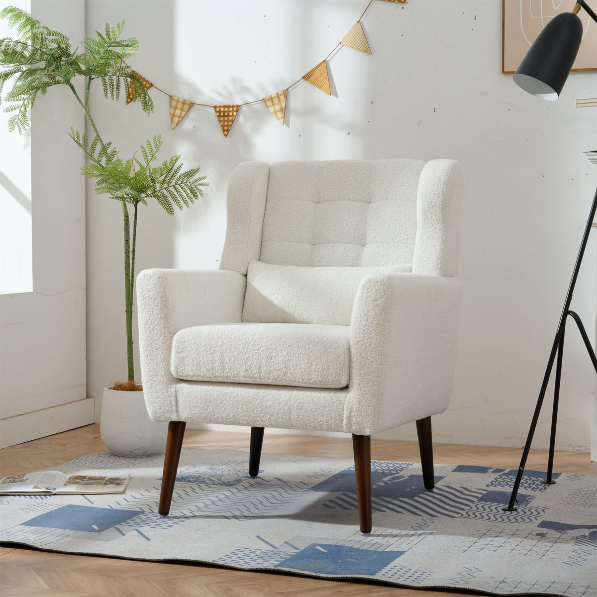 Modern Accent Chair, Arm Chairs For Living Room, Upholstered Mordern Armchair, Comfy Soft Padded Lounge Chair In Small Space, Bedroom, With Pillow, Solid Wood Leg