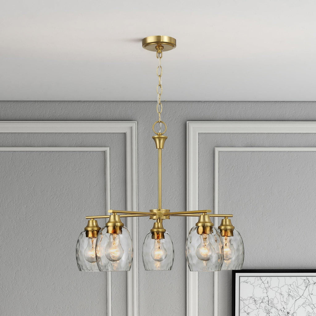 5 Lights Linear Arms With Chain Chandelier - Clear / Gold