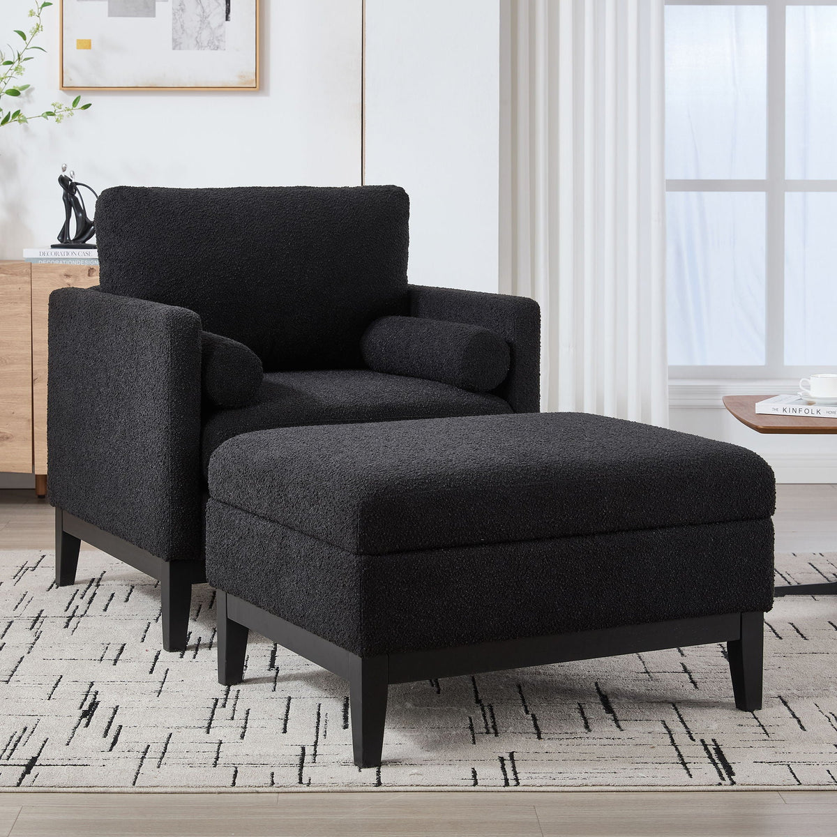 Farmhouse Upholstered Accent Chair With Ottoman, Reversible Lid Coffee Table