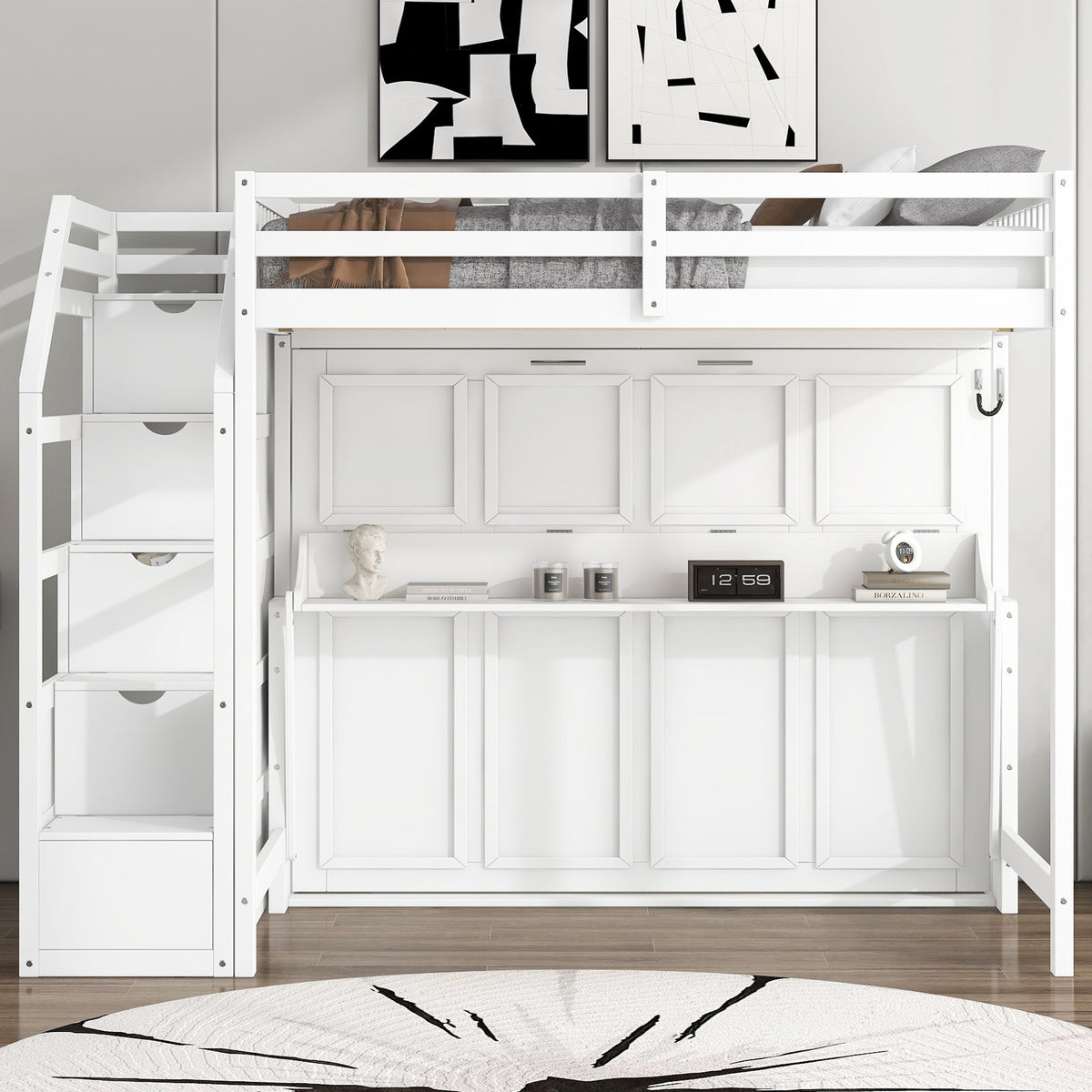 Full Long Loft Bed With Storage Staircase, Murphy Bed, LED Light - White