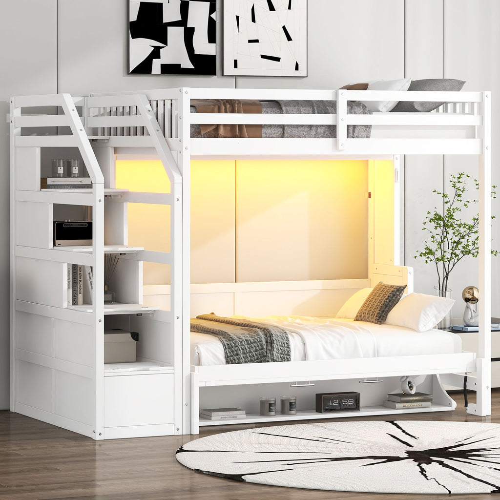 Full Long Loft Bed With Storage Staircase, Murphy Bed, LED Light - White