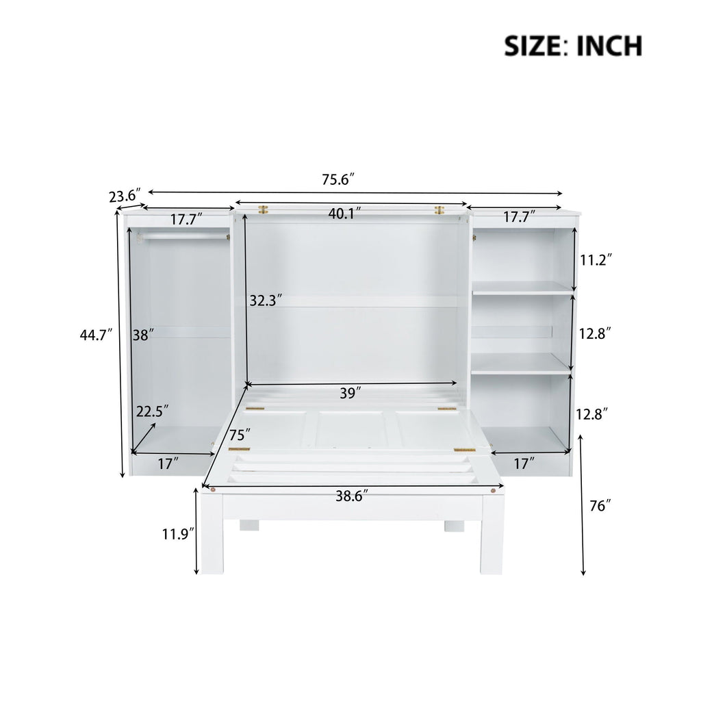Twin Size Murphy Bed With Bedside Shelves And Wardrobe - White