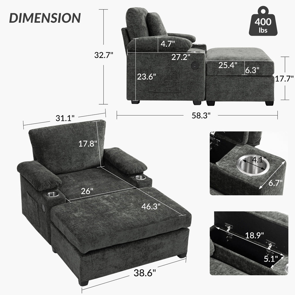 Modern Oversized Chair With Ottoman, Cupholders And USB Charging Ports