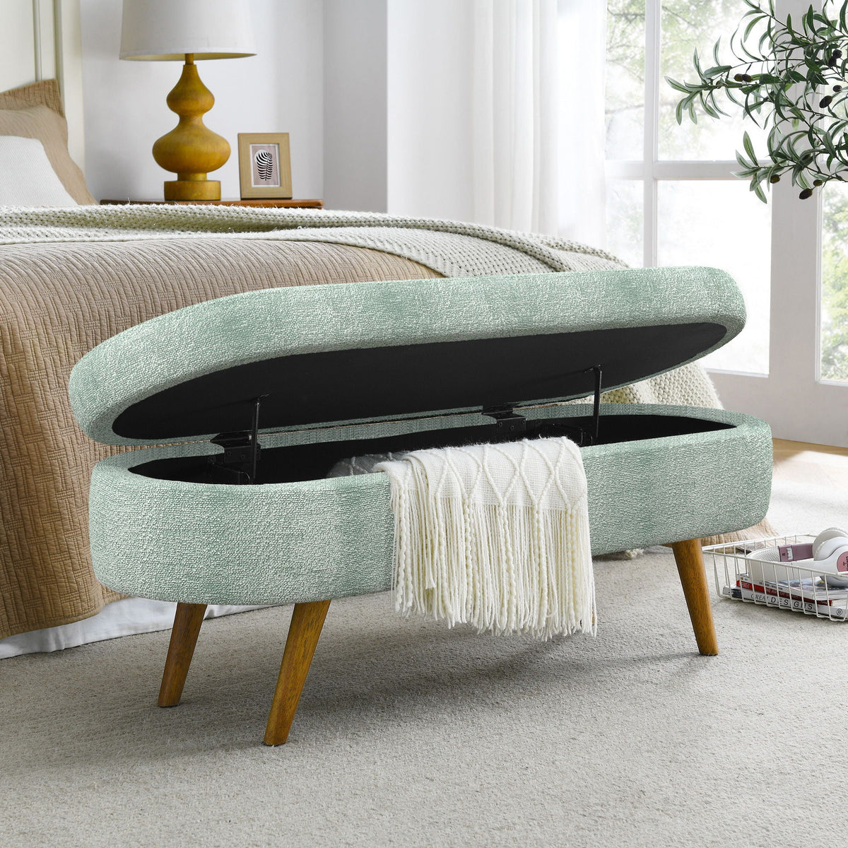 Modern Ottoman Oval Storage Bench With Rubber Wood Legs