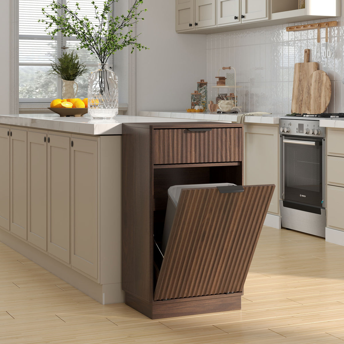 Tilt Out Trash Can Cabinet With Wave Textured Drawer & Pull Out Bin