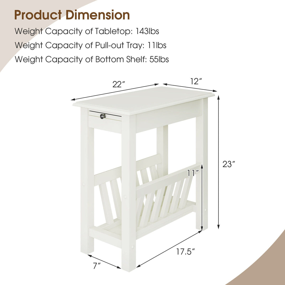 2-Tier End Table with Pull-out Tray and Solid Rubber Wood Legs