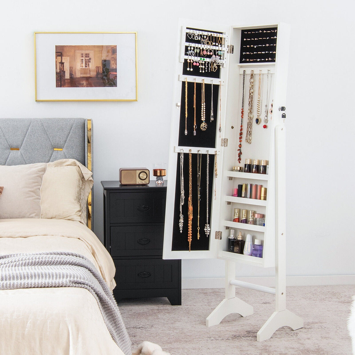 Free-Standing Jewelry Cabinet with Full-Length Mirror and Lockable Door