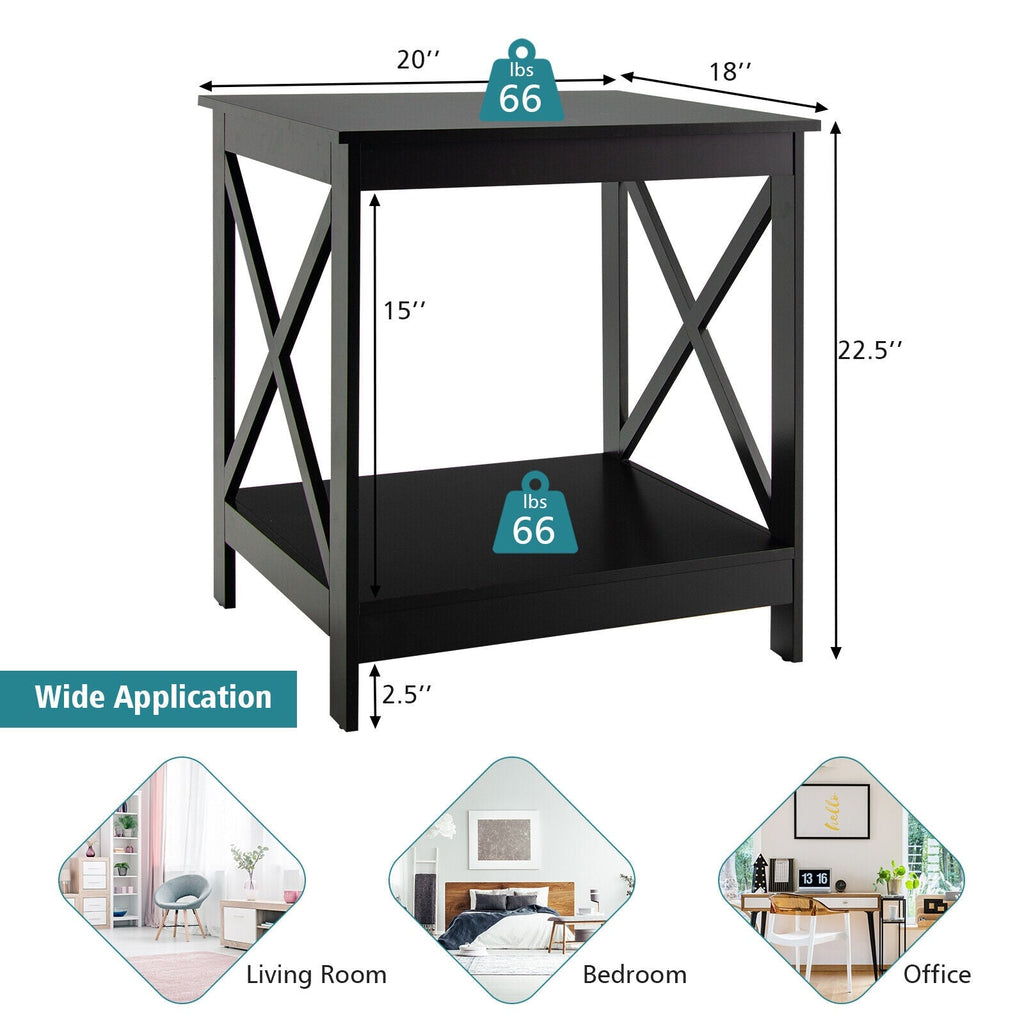 2-Tier Side Table with X-shape Design and 4 Solid Legs