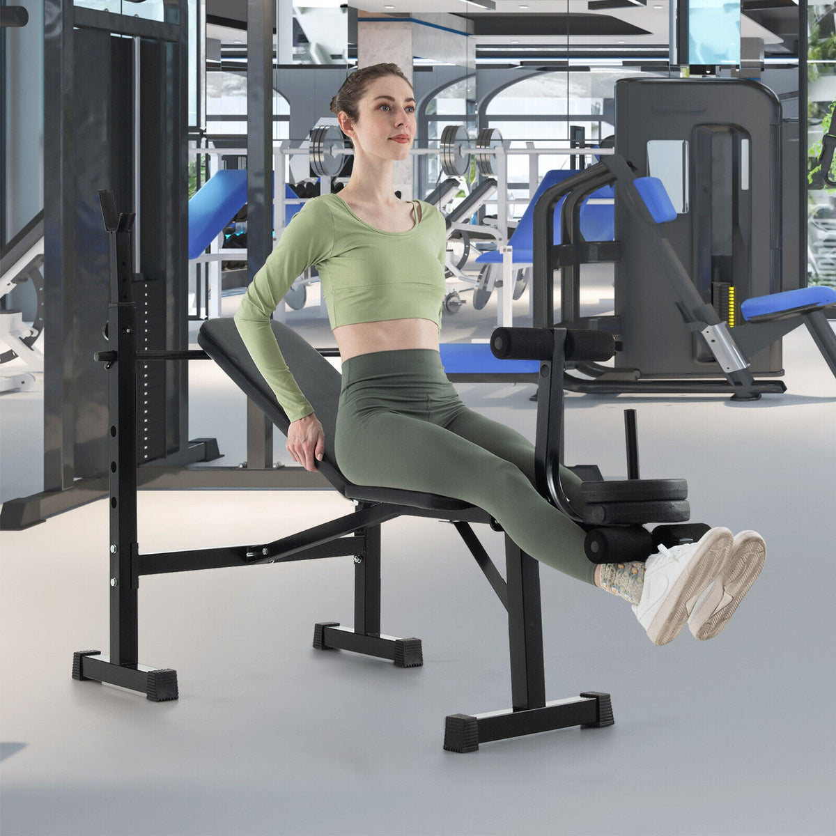 Adjustable Weight Bench and Barbell Rack Set with Weight Plate Post