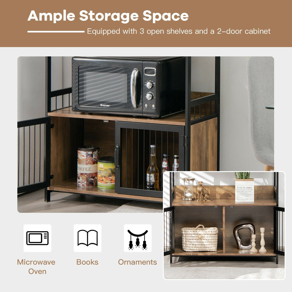 3-Tier Baker's Rack with Storage Cabinet-Rustic Brown