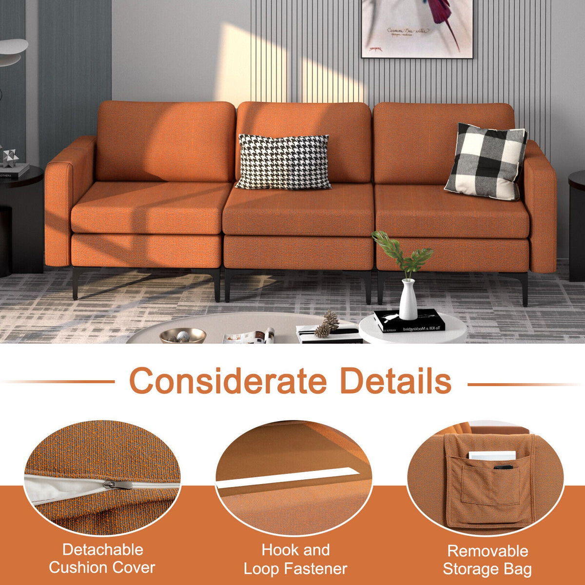 3-Seat Sectional Sofa Couch with Armrest Magazine Pocket and Metal Leg