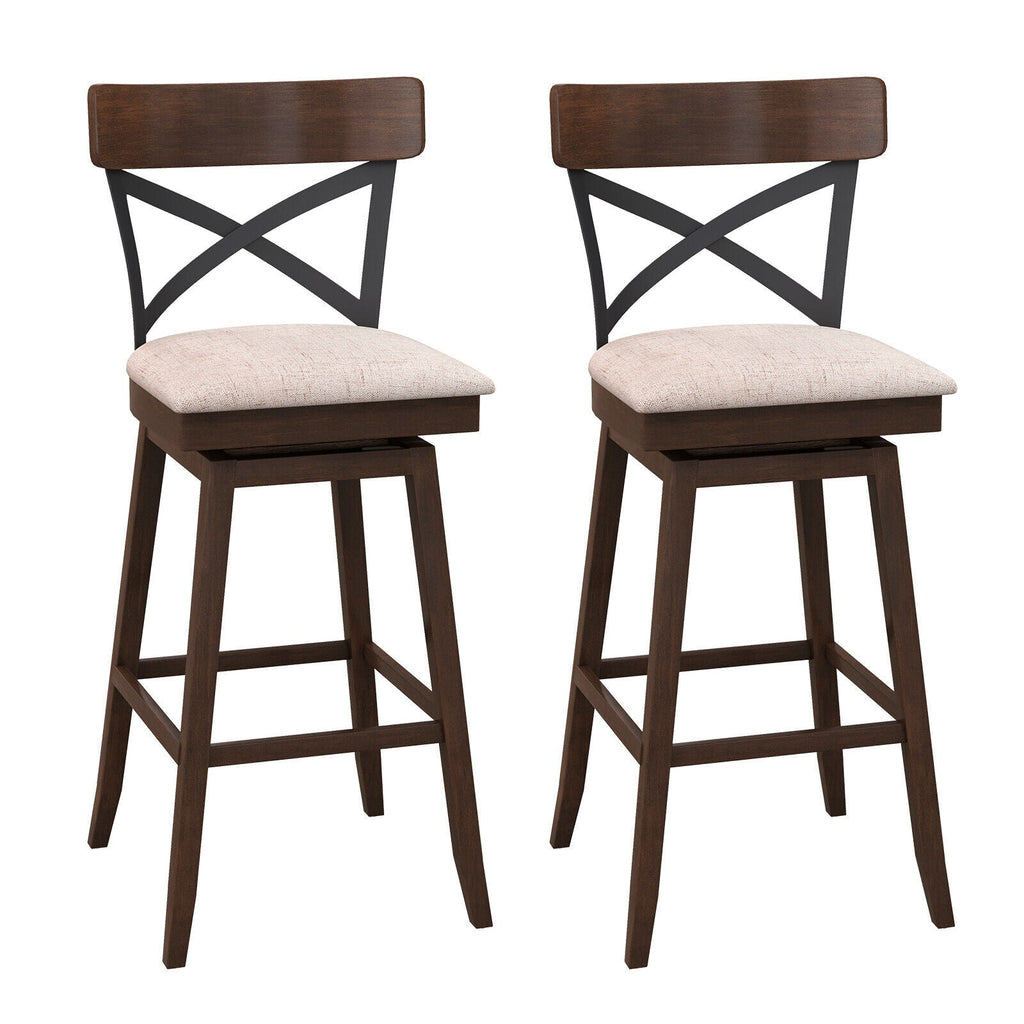 Set of 2 Wooden Swivel Bar Stools with Cushioned Seat and Open X Back