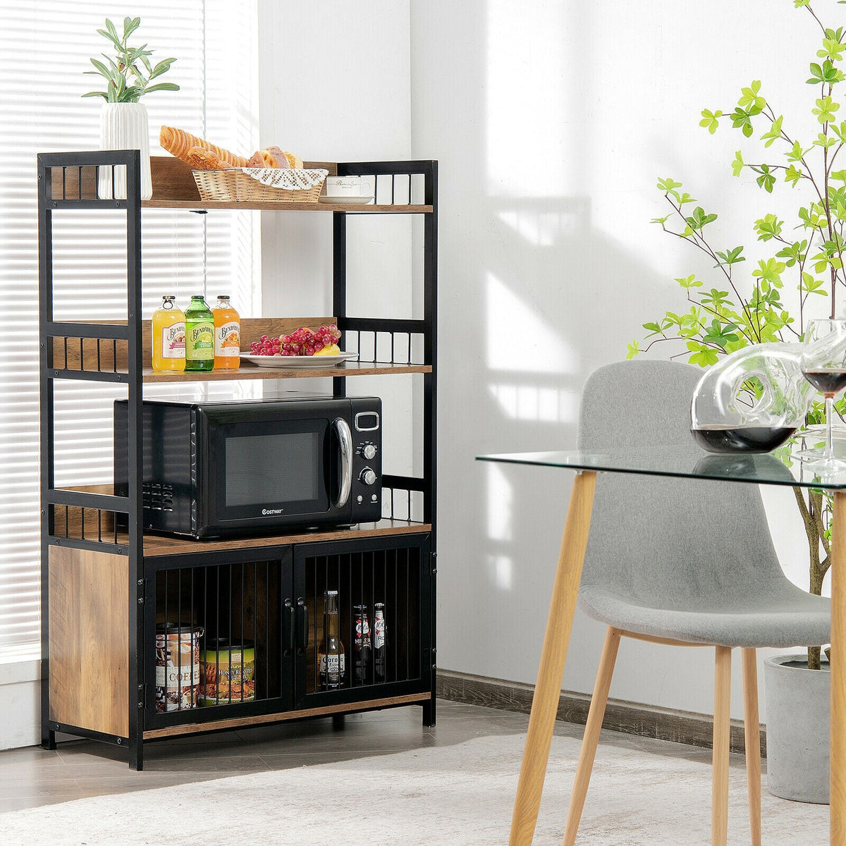 3-Tier Baker's Rack with Storage Cabinet-Rustic Brown
