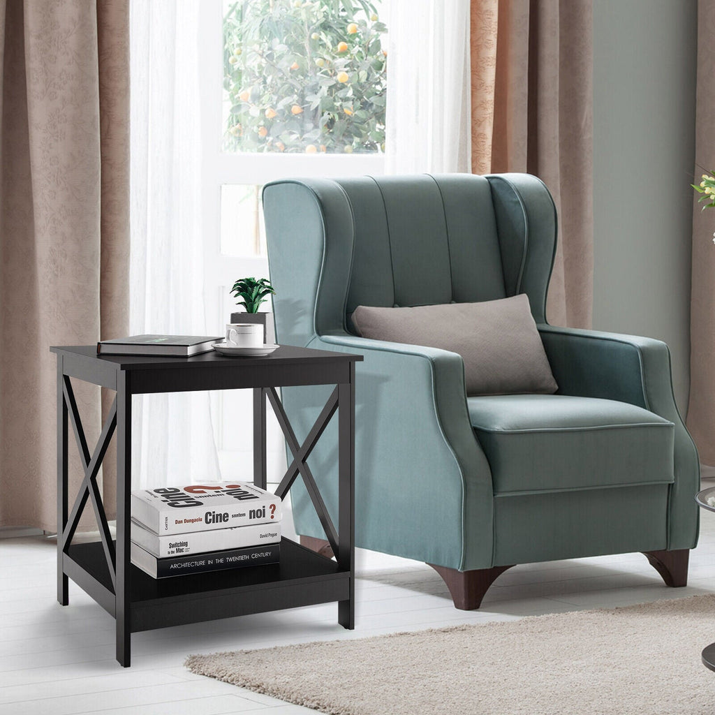 2-Tier Side Table with X-shape Design and 4 Solid Legs