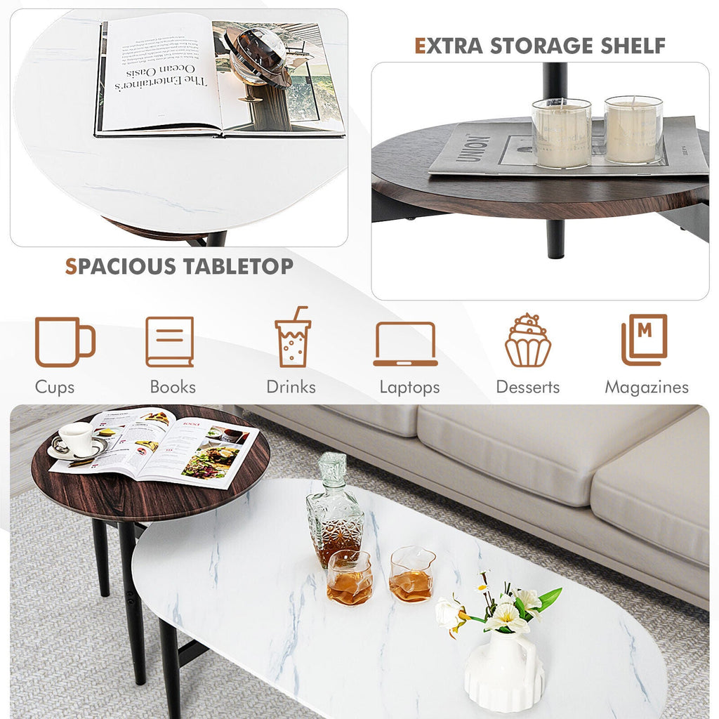 Set of 2 Modern Nesting Coffee Table with Extra Storage Shelf-White
