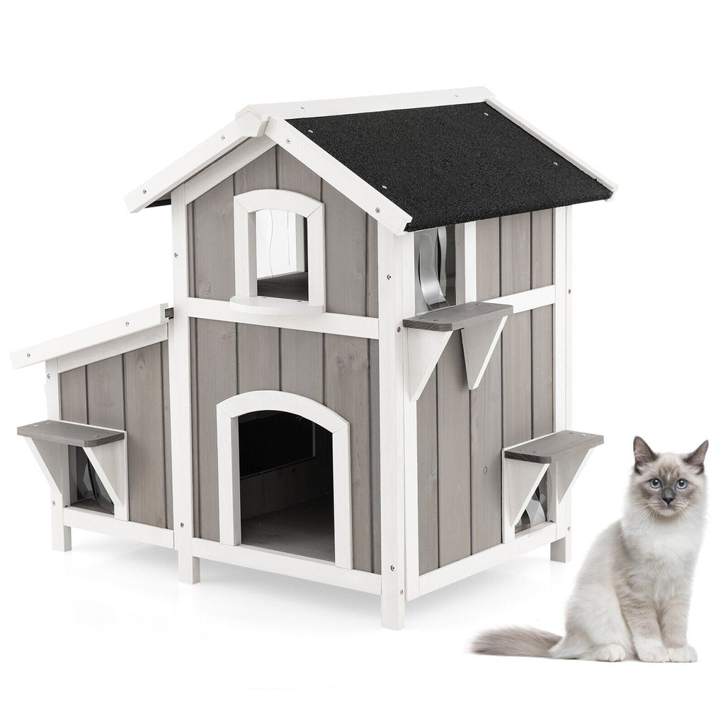 2-Story Outdoor Wooden Feral Cat House with Escape Door-Grey