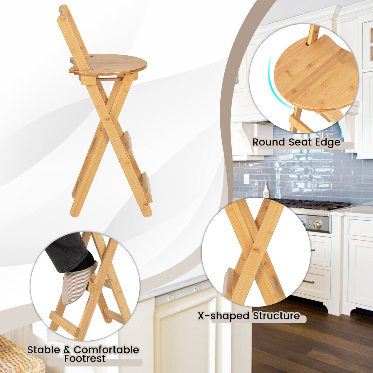 24 Inch Set of 2 Bamboo Folding Barstools with Footrests and Handles-Natural