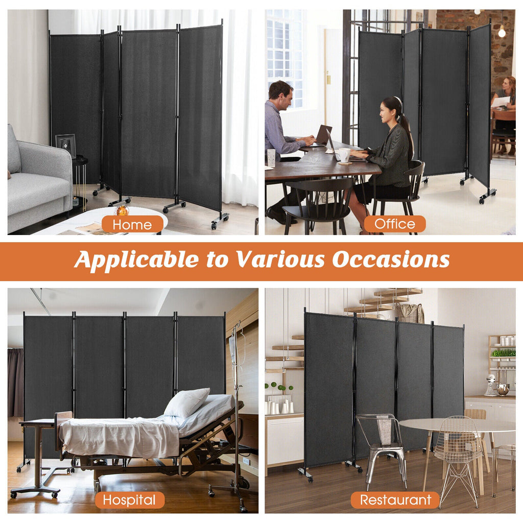 4-Panel Folding Room Divider 6 Feet Rolling Privacy Screen with Lockable Wheels