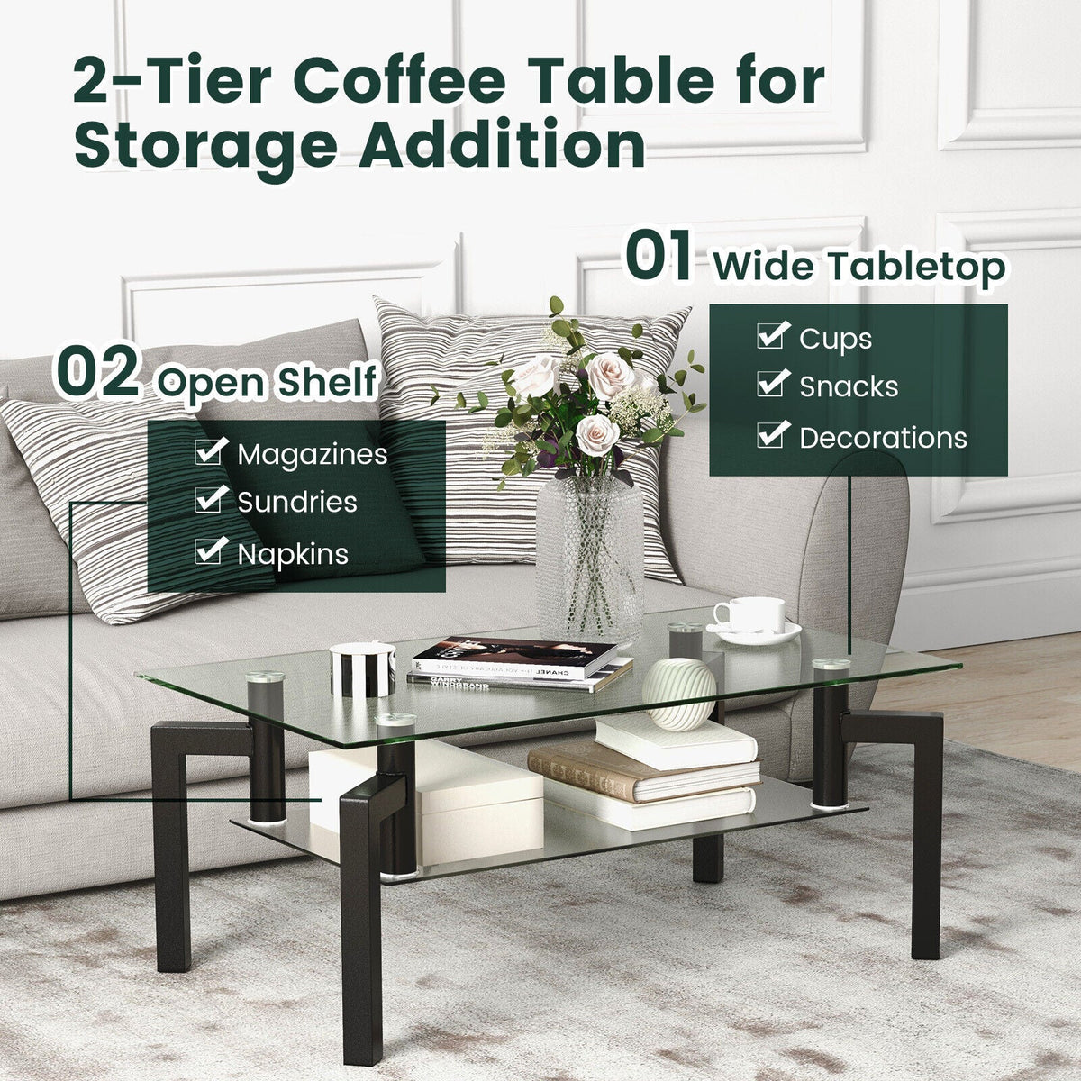 2-Tier Rectangular Glass Coffee Table with Metal Tube Legs-Black