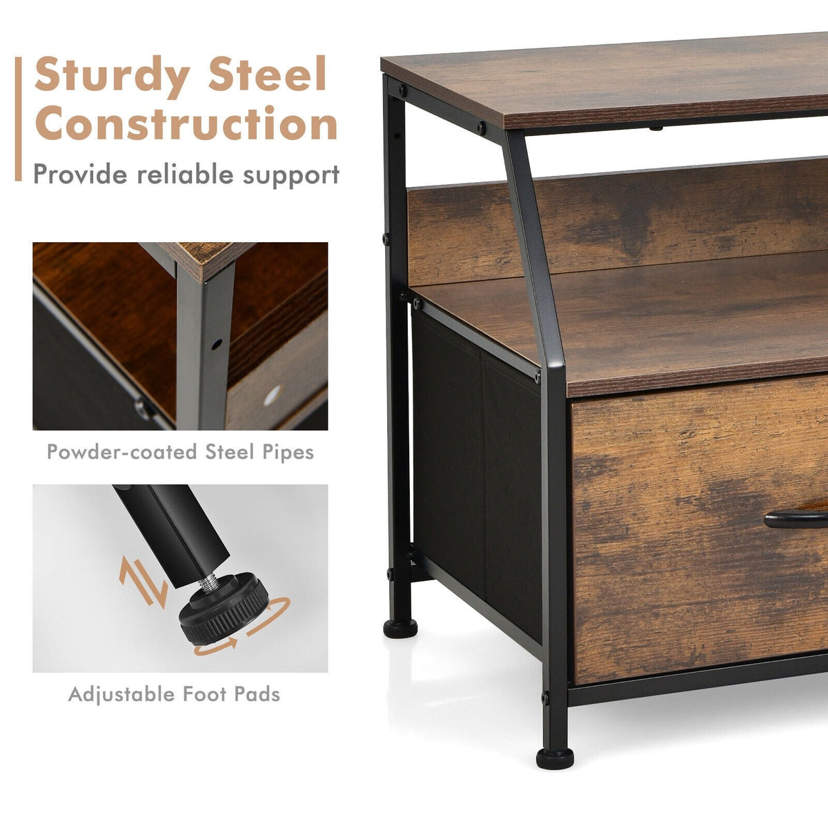 Dresser TV Stand with 2 Folding Fabric Drawers and Open Shelves-Rustic Brown