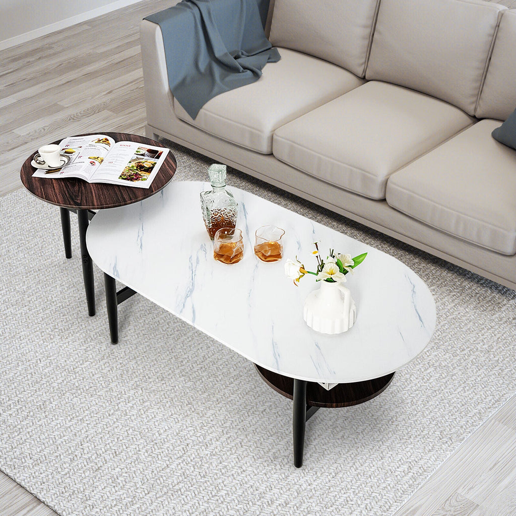 Set of 2 Modern Nesting Coffee Table with Extra Storage Shelf-White
