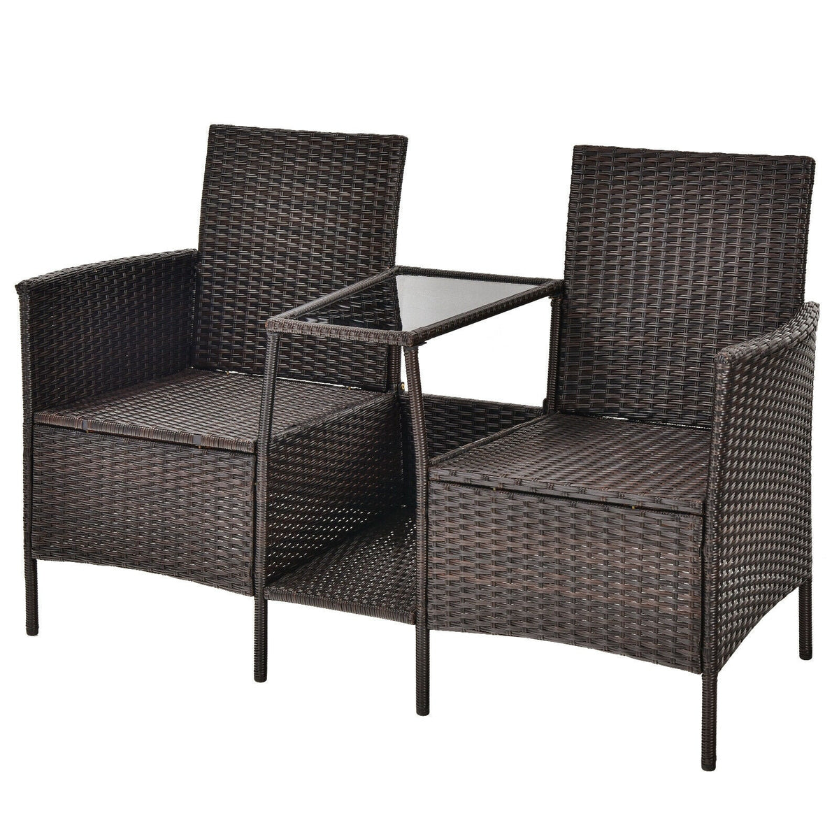 Patio Rattan Wicker Conversation Set Sofa Cushioned Loveseat Glass Table