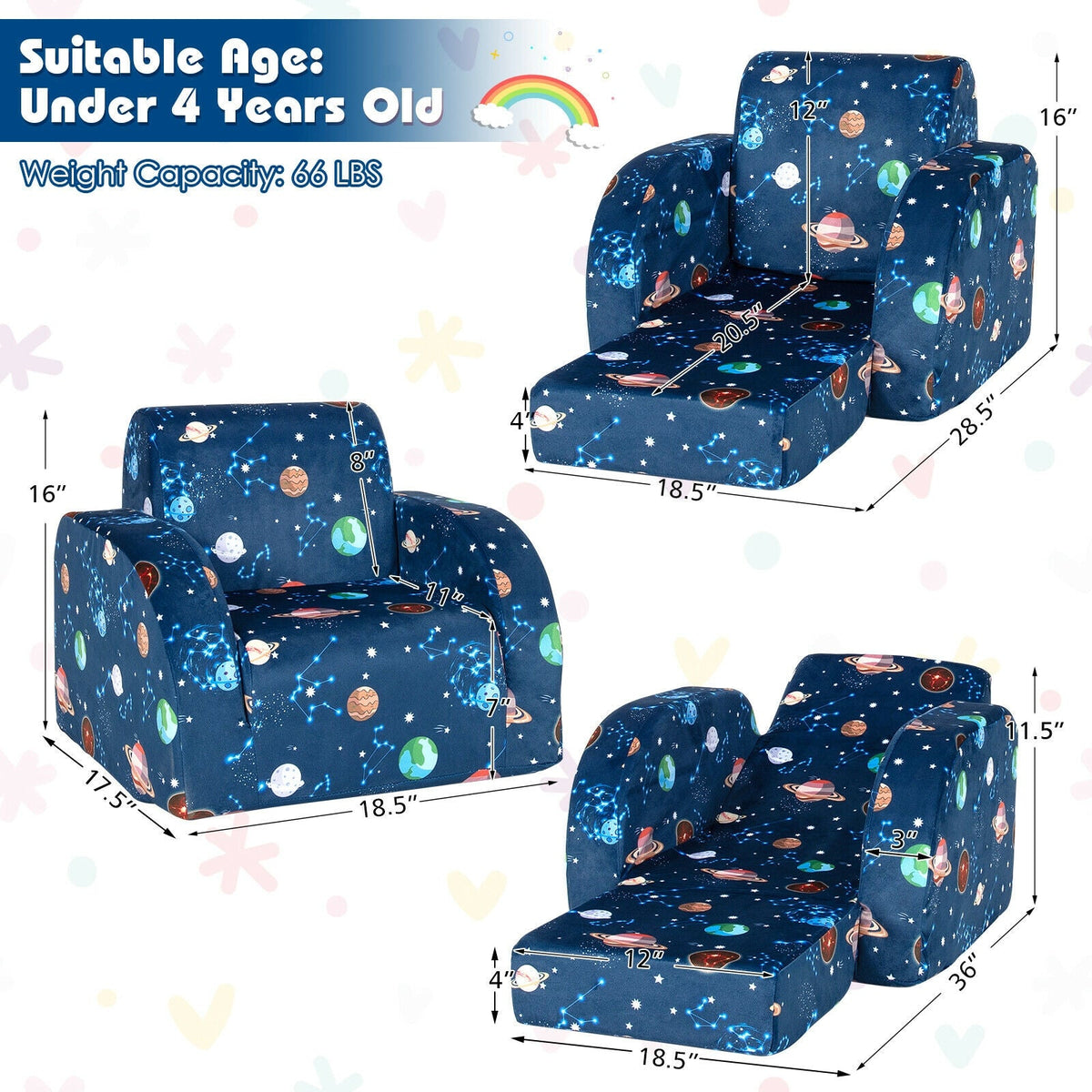 3-in-1 Convertible Kid Sofa Bed Flip-Out Chair Lounger for Toddler
