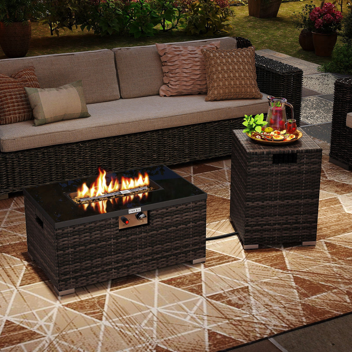 2-Piece Outdoor Rattan Fire Table Set 32 Inch Rectangle Gas Firepit with Tank Cover