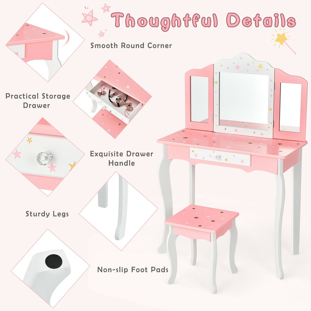 Kids Princess Vanity Table and Stool Set with Tri-folding Mirror and Drawer