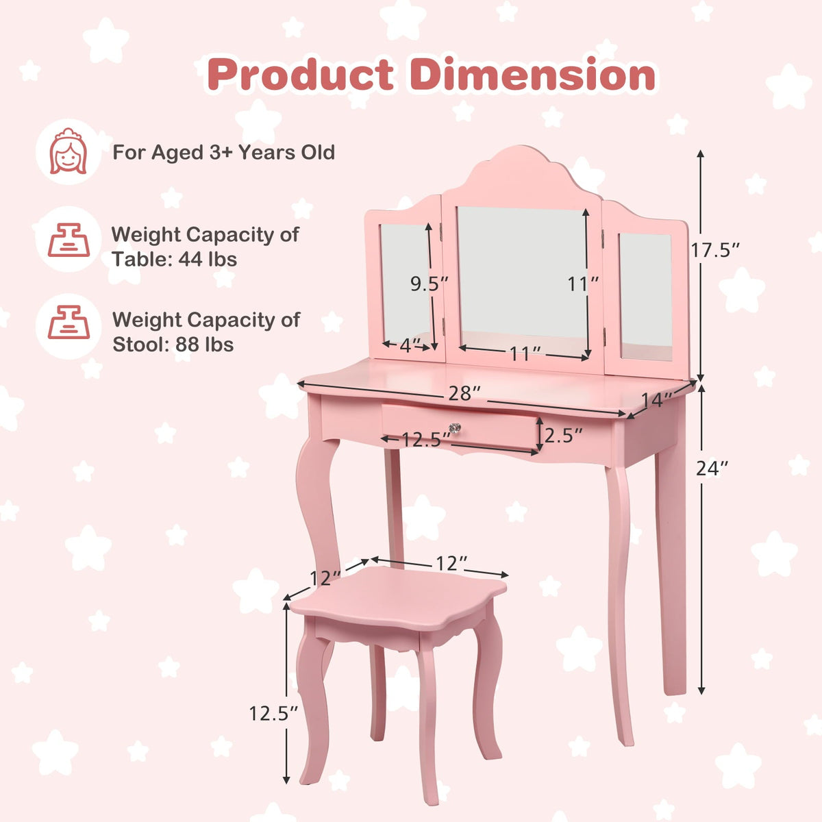 Kids Makeup Dressing Mirror Vanity Table Stool Set