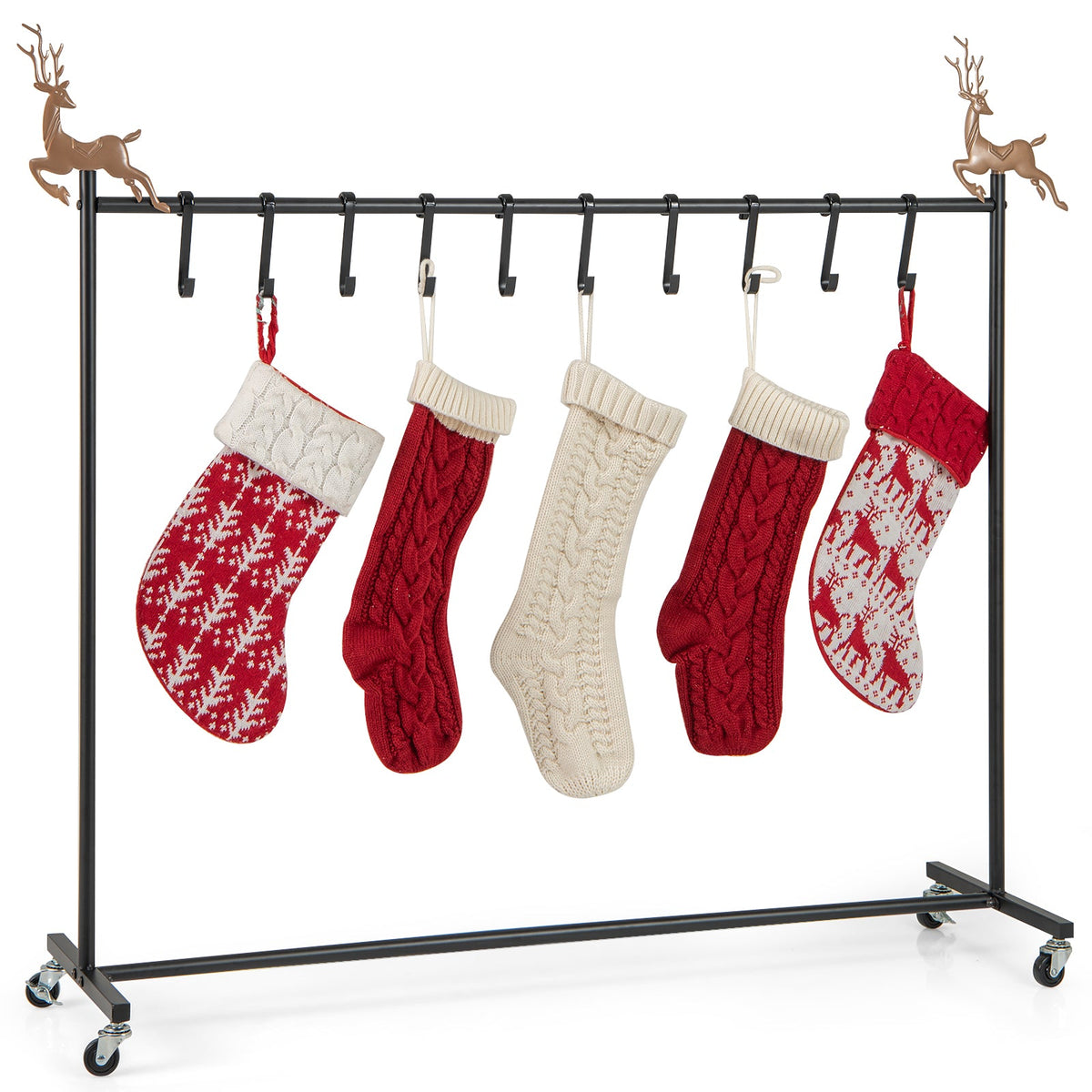 10-Hook Christmas Stocking Holder Stand on Wheels Freestanding Rack-Black