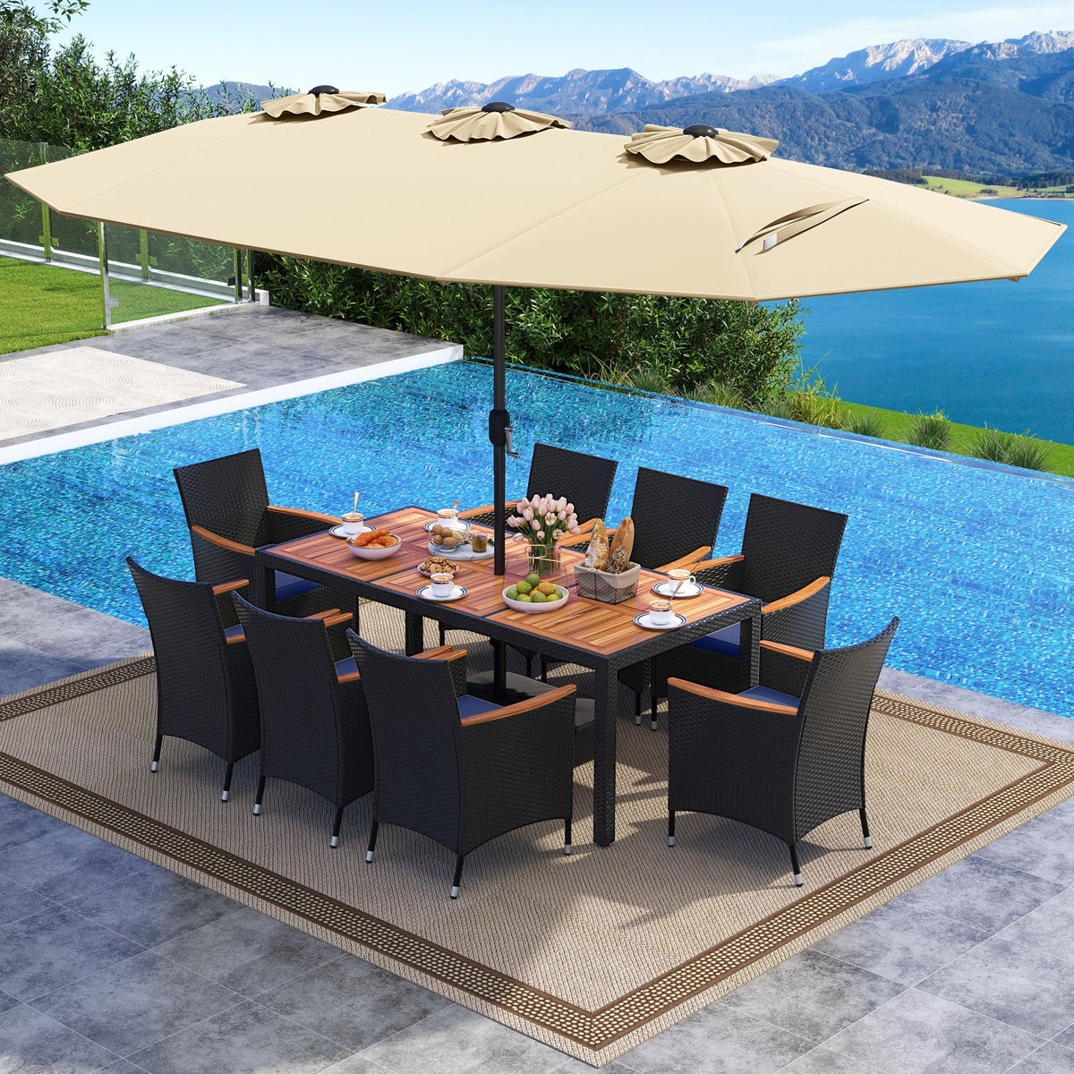 10 Piece Outdoor Patio Dining Set with 15 Feet Double-Sided Twin Umbrella