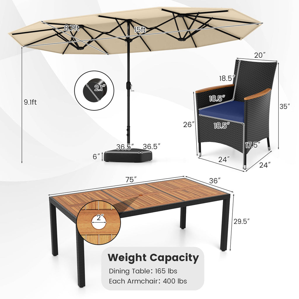 10 Piece Outdoor Patio Dining Set with 15 Feet Double-Sided Twin Umbrella